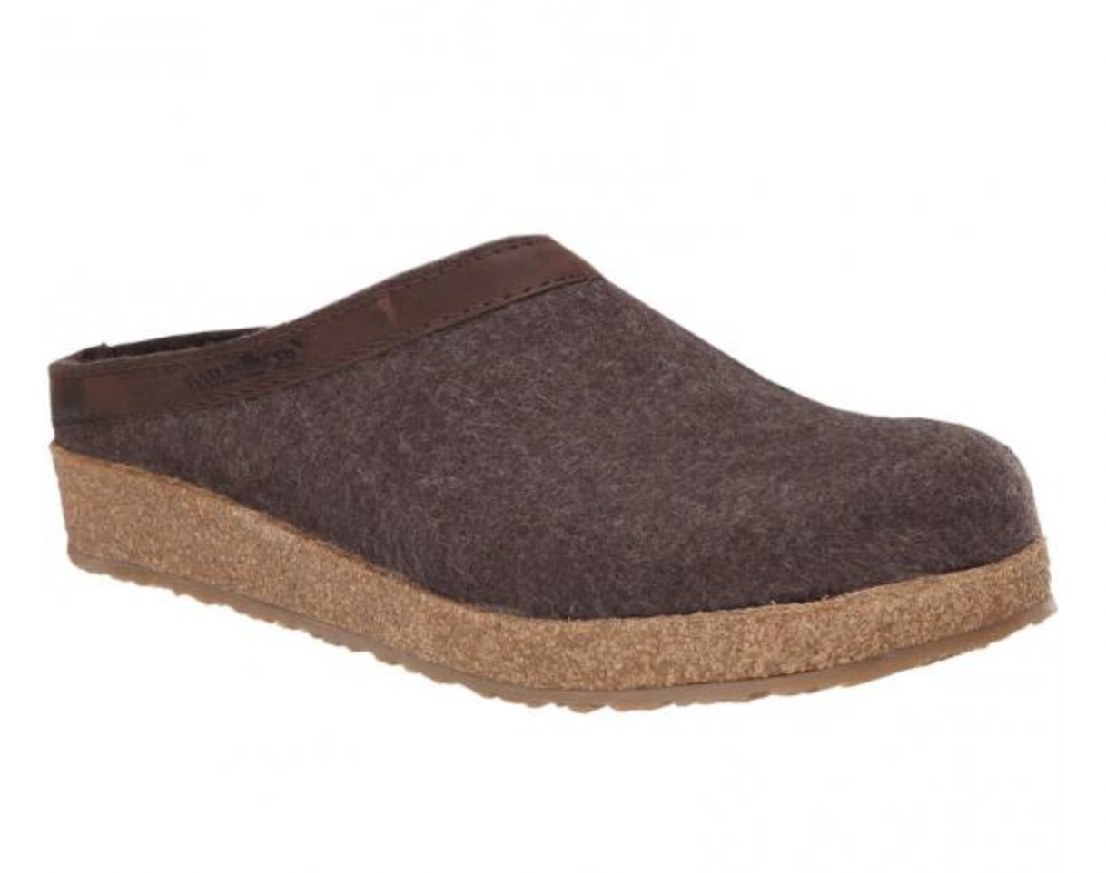 HAFLINGER GZL42 Grizzly Wool Clog Leather Trim Smokey Brown