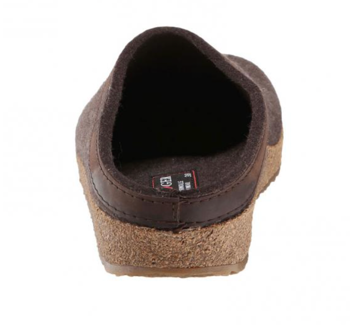 HAFLINGER GZL42 Grizzly Wool Clog Leather Trim Smokey Brown
