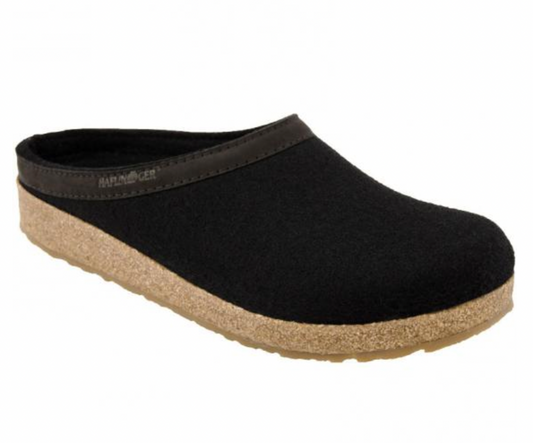 HAFLINGER GZL45 Grizzly Wool Clog Leather Trim Black