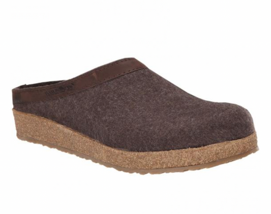 HAFLINGER GZL42 Grizzly Wool Clog Leather Trim Smokey Brown