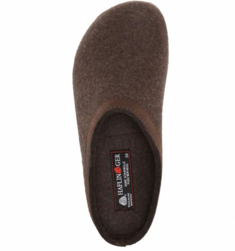 HAFLINGER GZL42 Grizzly Wool Clog Leather Trim Smokey Brown