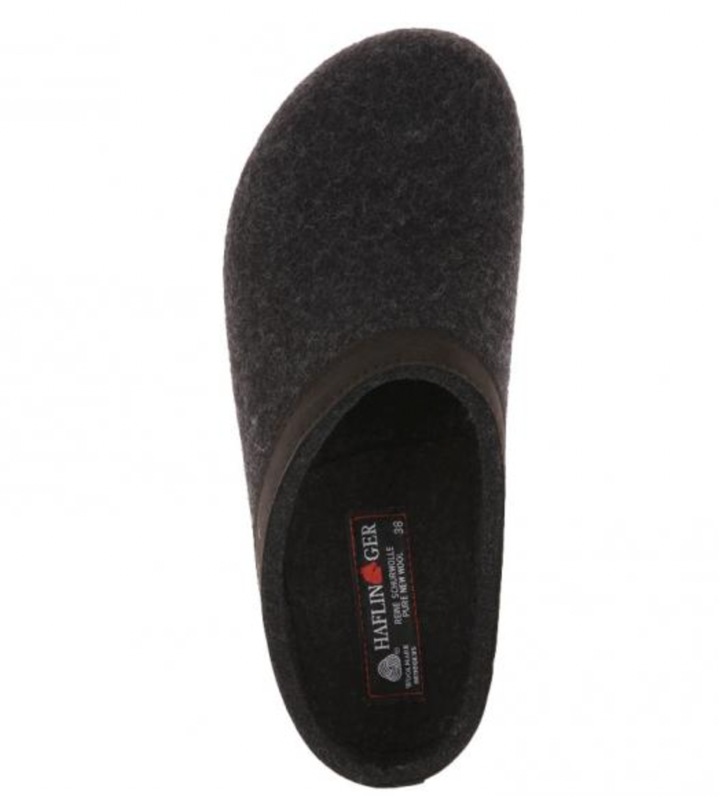 HAFLINGER GZL44 Grizzly Wool Clog Leather Trim Charcoal